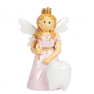 Figura decorativa de fada-dos-dentes com vestido rosa e coroa dourada