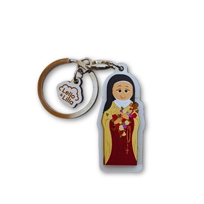 Chaveiro com figura de freira, pendente com texto 'Lello & Lilla' e argola metálica