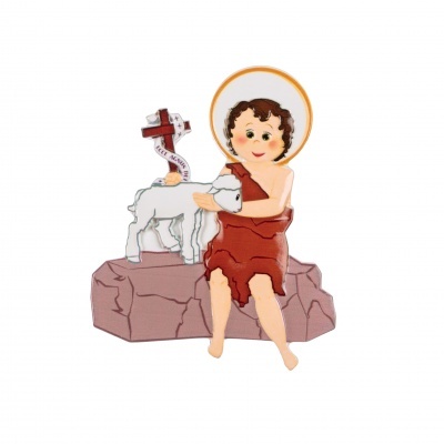 Figura decorativa infantil de criança com cordeiro, auréola e cruz em fundo branco