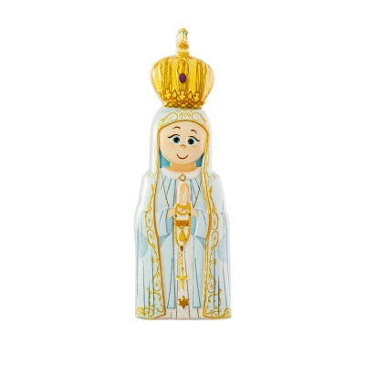 Figura decorativa de Nossa Senhora vestida de branco e dourado