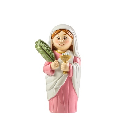 Figura decorativa de mulher com vestido rosa e manto branco segurando folha e cálice