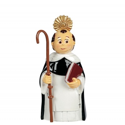 Estatueta de santo com hábito branco e capa preta segurando cajado e livro