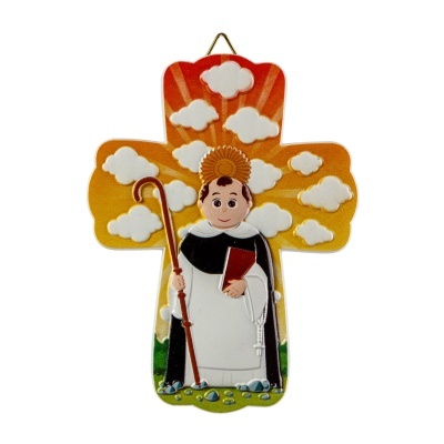 Figura decorativa em forma de cruz com santo e fundo colorido