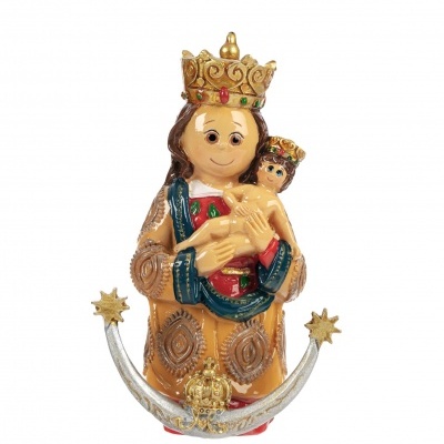 Estatueta colorida de Nossa Senhora do Monte com Menino Jesus e coroa dourada