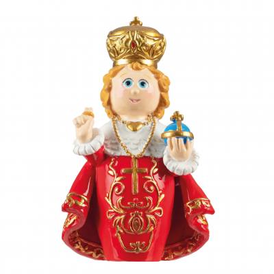 Estátua de menino com coroa dourada e roupa vermelha ornamentada