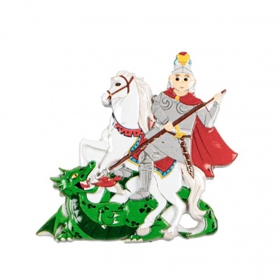 Broche de cavaleiro em armadura com cavalo branco e dragão verde