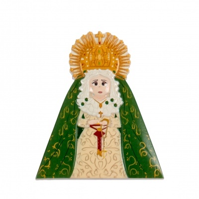 Figura religiosa em cerâmica com coroa dourada e manto verde