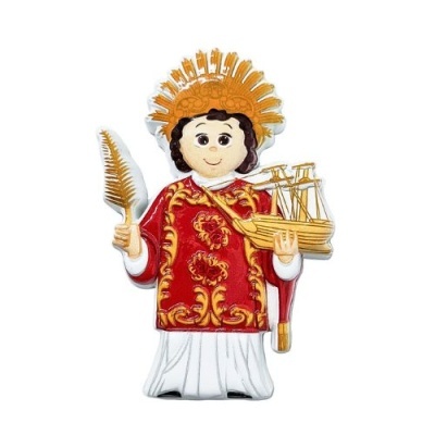 Figura decorativa infantil com roupa tradicional vermelha e branca e acessórios dourados