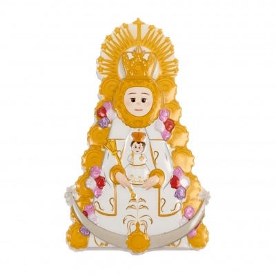 Figura religiosa decorativa Nossa Senhora com Menino Jesus em cerâmica colorida