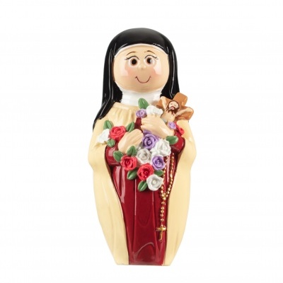 Estatueta cerâmica de freira com ramo de flores e terço