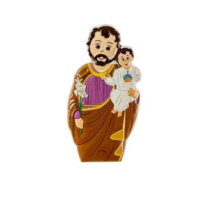 Figura decorativa de São José com o Menino Jesus em roupas coloridas.