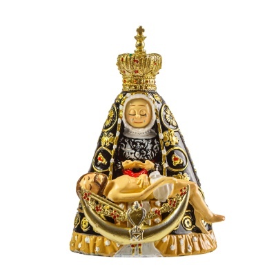 Figura religiosa de Nossa Senhora com Jesus, cerâmica pintada, manto preto e dourado