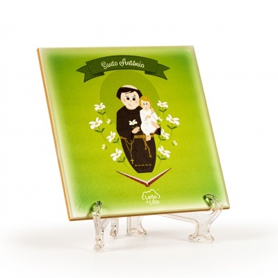 Azulejo decorativo verde com Santo António e Menino Jesus em suporte transparente