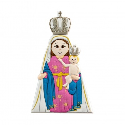 Figura decorativa estilizada da Virgem Maria com o Menino Jesus e coroas douradas