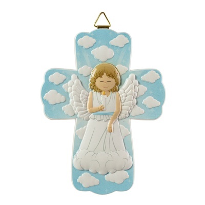 Cruz decorativa azul com anjo e nuvens brancas