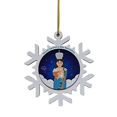 Enfeite de Natal floco de neve com imagem de Nossa Senhora dos Remédios