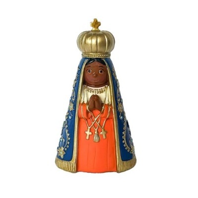 Estatueta religiosa de Nossa Senhora com manto azul e vestido laranja
