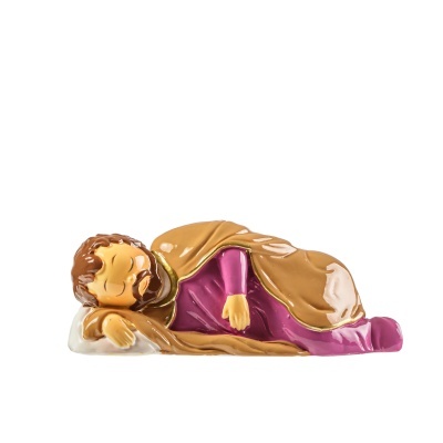 Estatueta cerâmica de homem a dormir vestido com túnica roxa e manto castanho