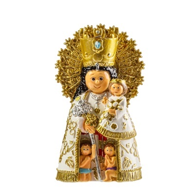 Figura religiosa Nossa Senhora com criança e anjos em cerâmica branca e dourada