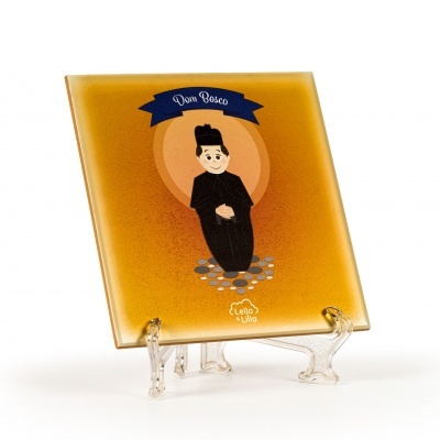 Prato decorativo quadrado com imagem de Dom Bosco sobre suporte transparente