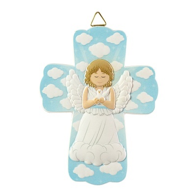 Cruz azul com nuvens e anjo branco decorativo pendurada