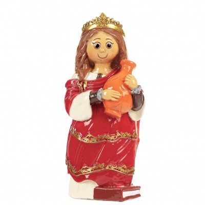 Figura feminina com coroa, vestido vermelho, e jarro laranja