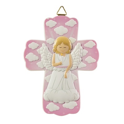 Cruz decorativa rosa com anjo em relevo e nuvens brancas
