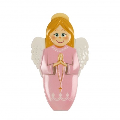 Figura de anjo decorativo em cerâmica com vestido rosa e asas brancas