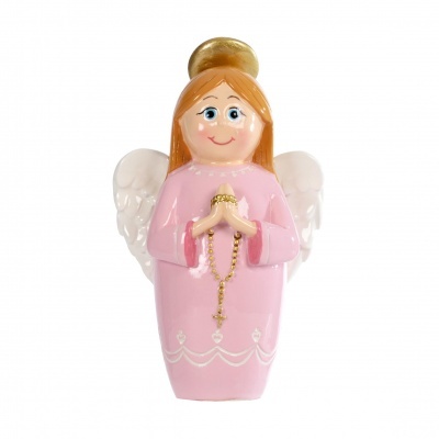 Figurinha de anjo rosa com asas brancas e terço dourado.