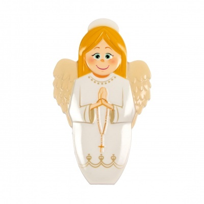 Figura decorativa de anjo loiro com vestido branco e asas bege