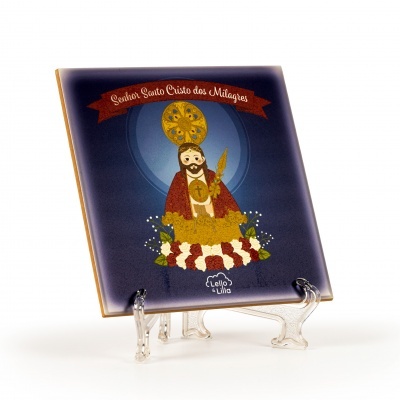 Peça decorativa com imagem religiosa do Senhor Santo Cristo dos Milagres e texto em vermelho