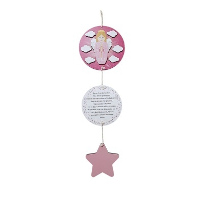 enfeite pendente com anjo, texto e estrela rosa