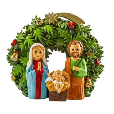 Figura decorativa de Natal com presépio em cerâmica colorida e coroa verde