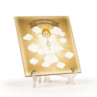 Azulejo decorativo dourado com anjo e texto 'Anjo da Guarda'