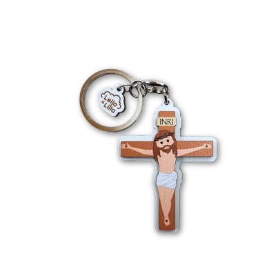 Porta-chaves cruz com imagem de Jesus crucificado e etiqueta LOLLO LIFE.
