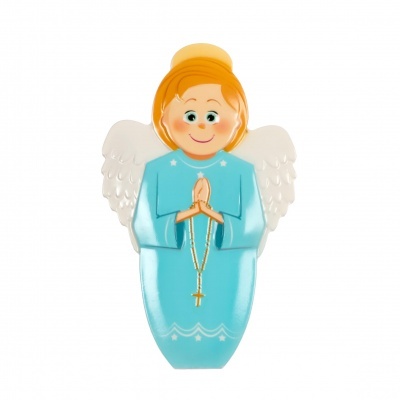 Figura decorativa de anjo azul claro com asas brancas segurando terço