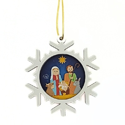 Enfeite de Natal com floco de neve e presépio pintado no centro