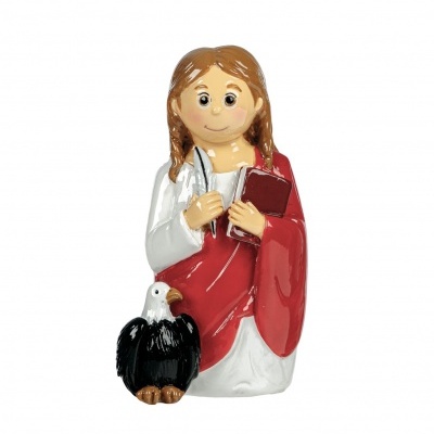 Figura decorativa de personagem com livro e águia em cerâmica colorida