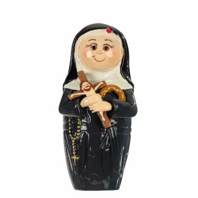 Figura decorativa de cerâmica de freira com crucifixo e rosário
