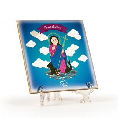 Azulejo decorativo com imagem colorida de Santa Marta e texto