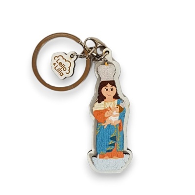 Porta-chaves com figura religiosa em azul e laranja segurando cordeiro.