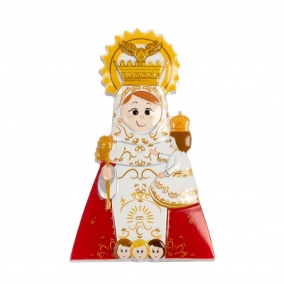 Figura decorativa de Nossa Senhora do Carmo com manto branco, dourado e vermelho
