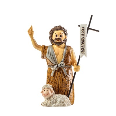 Estátua decorativa de figura masculina com ovelha e estandarte branco