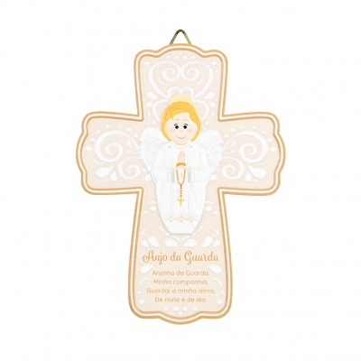 Cruz decorativa com anjo e texto religioso em português.