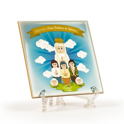 Azulejo cerâmico decorativo com Nossa Senhora de Fátima e crianças