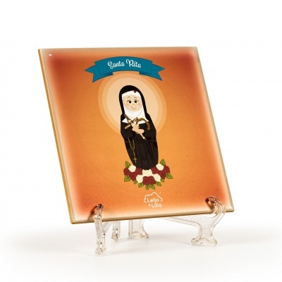 Azulejo decorativo com imagem de Santa Rita em fundo laranja