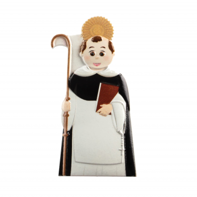 Figura decorativa de santo com hábito branco e preto, halo dourado, cajado e livro.