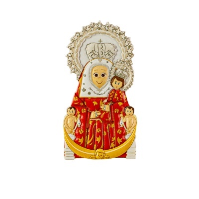 Ícone religioso estilizado com figura feminina e criança em traje vermelho e dourado