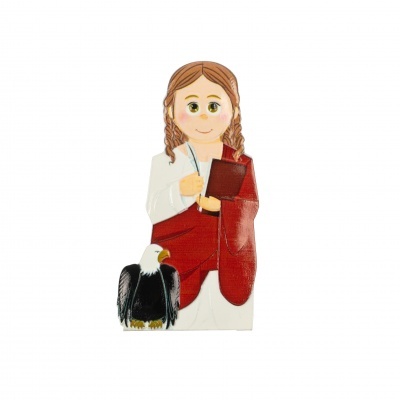 Figura decorativa de pessoa com livro e águia