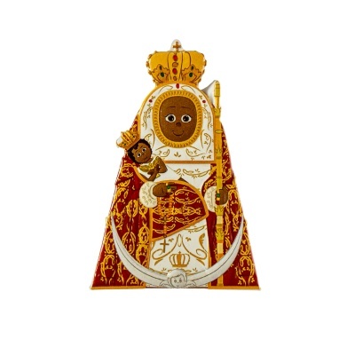 Ícone religioso de Nossa Senhora com vestes vermelhas, douradas e coroa dourada.